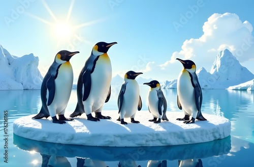 A group of penguins stands on a small ice floe amidst the mirror-like Antarctic waters, dotted with icebergs and bright sunshine, highlighting the species' sea ice habitat.