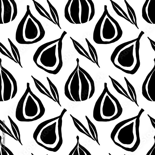 Seamless pattern with abstract figs and leaves in a botanical cutout style. Black and white freeform illustration ideal for contemporary decorative designs.