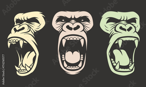 Illustration of three gorilla heads with open mouths and visible teeth, each in a different color variation.