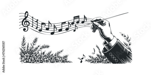 Conductor leading orchestra with music notes and floral elements