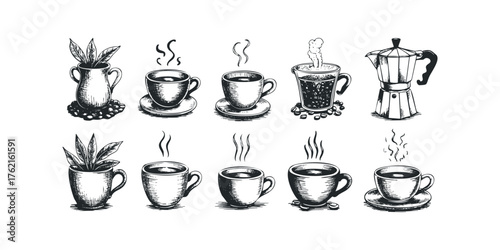 Collection of Hand-Drawn Coffee Cups and Moka Pot