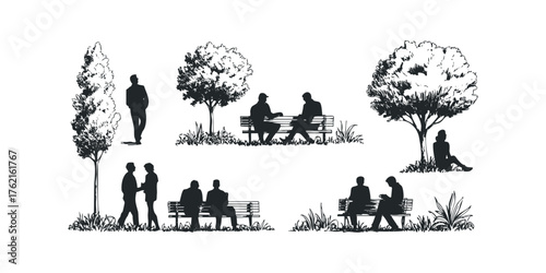 Park scene with people on benches and walking silhouettes