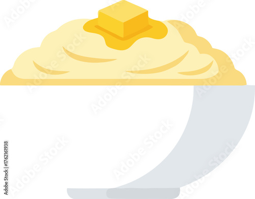 Creamy mashed potatoes with butter served in a white bowl with a grey spoon vector
