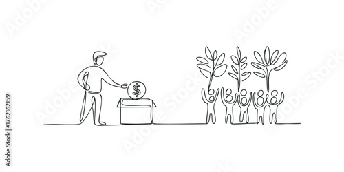 Person donating money to support planting trees and community growth