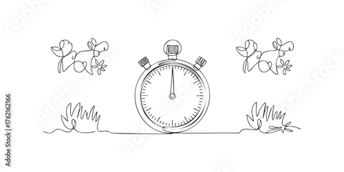 Stopwatch with surrounding floral elements in continuous line drawing style