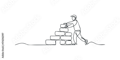 Person building brick wall using continuous line sketch
