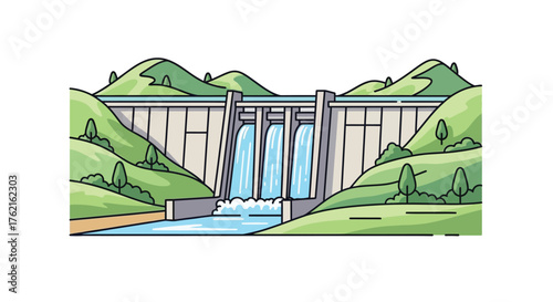 Hydroelectric dam with water flowing through gates surrounded by green hills