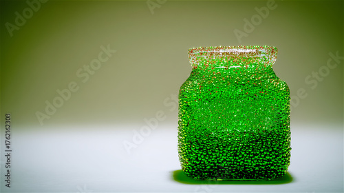 Small glass jar filled with bright green beads on reflective surface with soft light, concept of color, craft and minimalism.