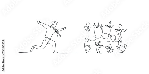 Man running towards blooming flowers continuous line drawing