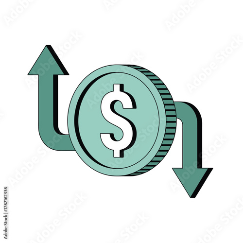 A single dollar coin representing financial growth and decline with up and down arrows illustrating market volatility isolated on white background