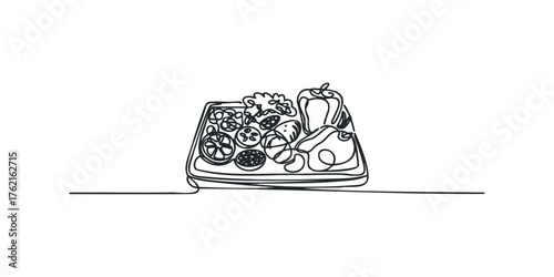 Single Line Drawing of a Serving Platter Filled With Food