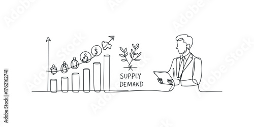 Business person examines growth chart and supply demand diagram