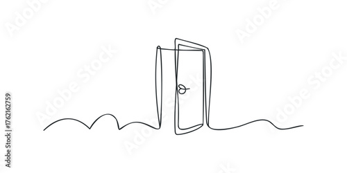 Single Line Drawing of Open Door with Wavy Ground Line