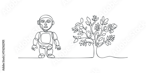 Line drawing of a robot and a tree on a white background