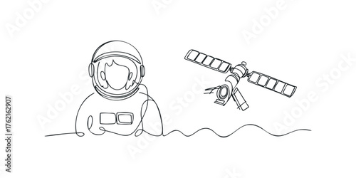 Astronaut portrait with satellite in minimalist outline style