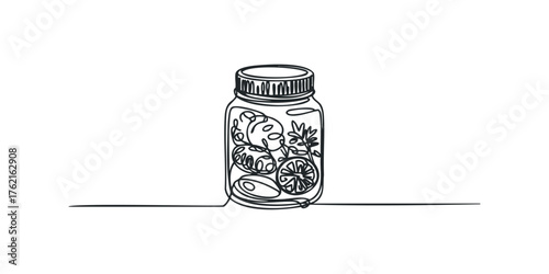 Continuous line drawing of a glass jar filled with fruit slices and herbs