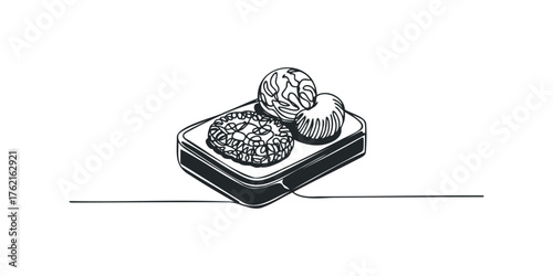 Line art of three sweet pastries on a rectangular platter