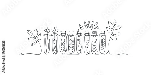 Minimalist line drawing of laboratory flasks with plant sprouts