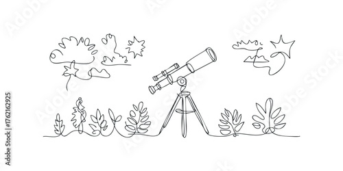 Telescope on tripod surrounded by stylized foliage and cosmic bursts