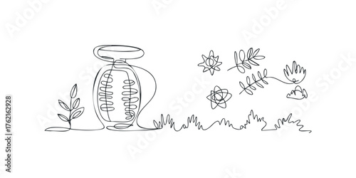 Minimalist continuous line drawing of a perfume bottle and botanical elements