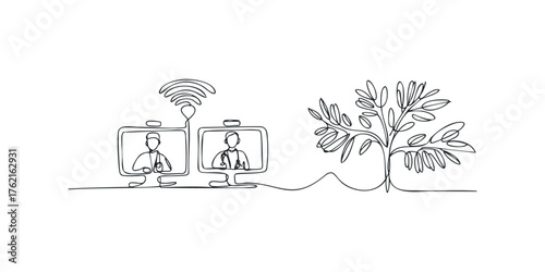 Two doctors communicate via video call while a tree grows