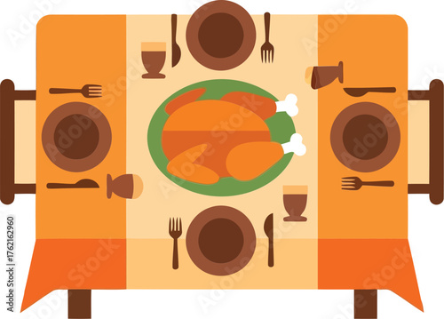 Festive thanksgiving dinner table setting celebration feast family meal autumn harvest vector