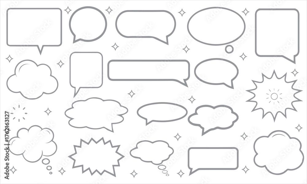 Obraz premium Collection of blank comic speech bubbles, thought clouds, and dialogue frames in vector style. Perfect for comics, manga, graphic design, creative illustrations, posters, or digital artwork .