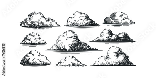Collection of stylized cumulonimbus clouds in ink drawing