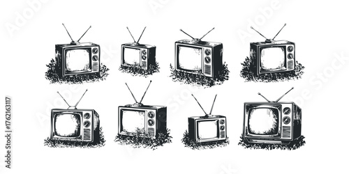 Eight vintage television sets displayed with antennas extended