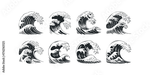 Collection of eight black and white wave designs
