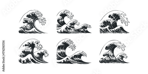 Stylized ocean waves in black and white graphic style