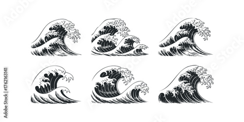 Six Black and White Stylized Ocean Wave Designs