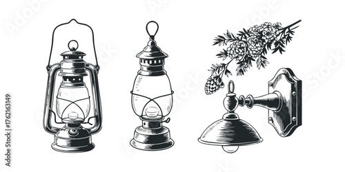 Collection of Vintage Lamps and Floral Branch