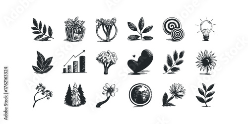 Collection of nature and conceptual icons hand drawn