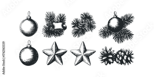 Collection of Hand-Drawn Christmas Ornaments and Pine Cones