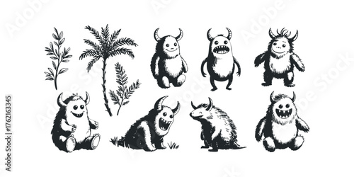 Whimsical monsters and foliage collection