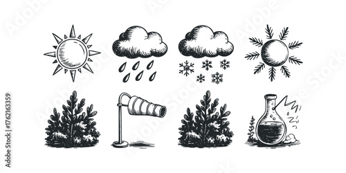 Collection of Hand Drawn Weather Icons and Natural Elements