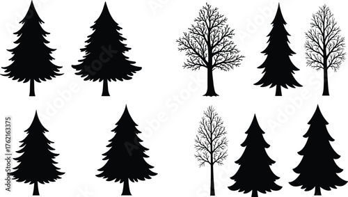 Vector set of pine and deciduous tree silhouettes, black forest tree shapes for design, illustration, and landscape decoration projects
