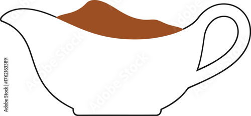 Elegant gravy boat filled with rich savory sauce simple outline illustration vector