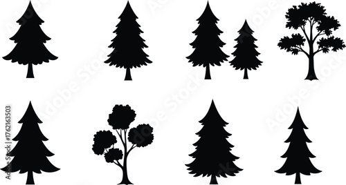 Black tree silhouette vector set with pine, fir, and deciduous shapes for forest design, nature illustration, and landscape art