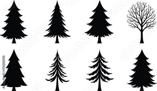 Vector collection of pine and leafless tree silhouettes, black evergreen and deciduous tree shapes for design, illustration, and nature art
