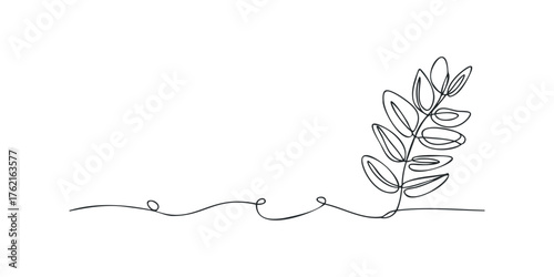 Single line drawing of a leafy branch and wavy line