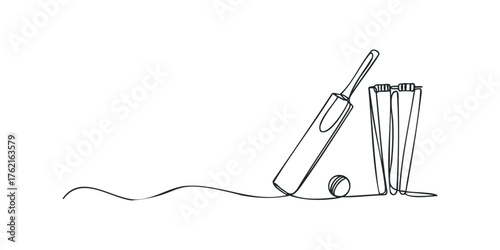 Continuous line drawing of cricket bat ball and wicket