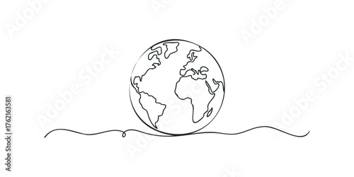 Single line drawing of planet Earth with flowing line