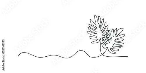 Minimalist Line Art of Tropical Leaves and Wavy Ground