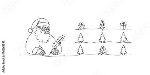 Continuous Line Drawing of Santa Claus Writing with Feather Pen Next to Christmas Trees