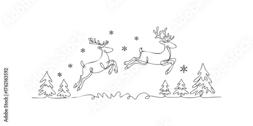 Two leaping reindeer and snowy pine trees in continuous line drawing