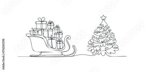 Single Line Drawing of Gifts in Sleigh Next to Christmas Tree