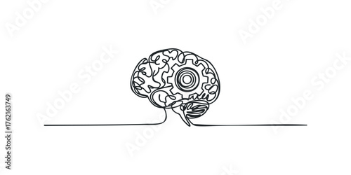 Abstract line art brain with integrated gear mechanism