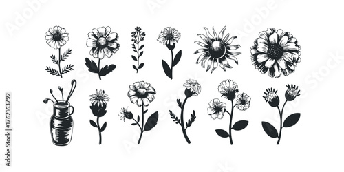 Collection of Black and White Floral Silhouettes with Jar